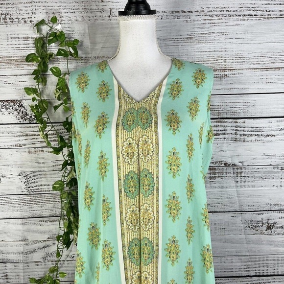 Rose + Olive Blouse Tank size Medium Mint Green Gold Paisley Pleated Sheer Boho - Picture 2 of 10